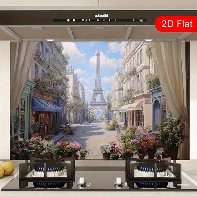 Tranh dán tường phong cảnh đường phố với tháp Eiffel, bao quanh là kiến trúc tuyệt đẹp, đậm chất văn hóa độc đáo, tông màu ấm áp, dễ lắp đặt và vệ sinh, chống dầu mỡ, thích hợp để trang trí và làm mới tường phòng ăn, phòng khách.