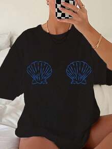 Graphic TeesWomen's Tropical Shell Print Casual T-Shirt - High Elasticity Round Neck Short Sleeve Top, Machine Washable White Blue Summer Beachwear, All-Season Comfortable Fit, Breathable Fabric, Simple Design, Tops For Women, Vacation Outfits For Women100% CottonWomen's Casual Easter Cotton T-Shirt Soft Breathable Daily Tee - 黑色 - 查看 6