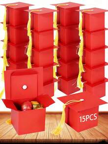 Hộp kẹo hình mũ tốt nghiệp (50/15 chiếc/1 chiếc), đồ dùng tiệc tốt nghiệp 2025, hộp kẹo quà tặng tốt nghiệp phù hợp cho tiệc tốt nghiệp. - Hộp màu đỏ + tua rua màu vàng - Xem 11