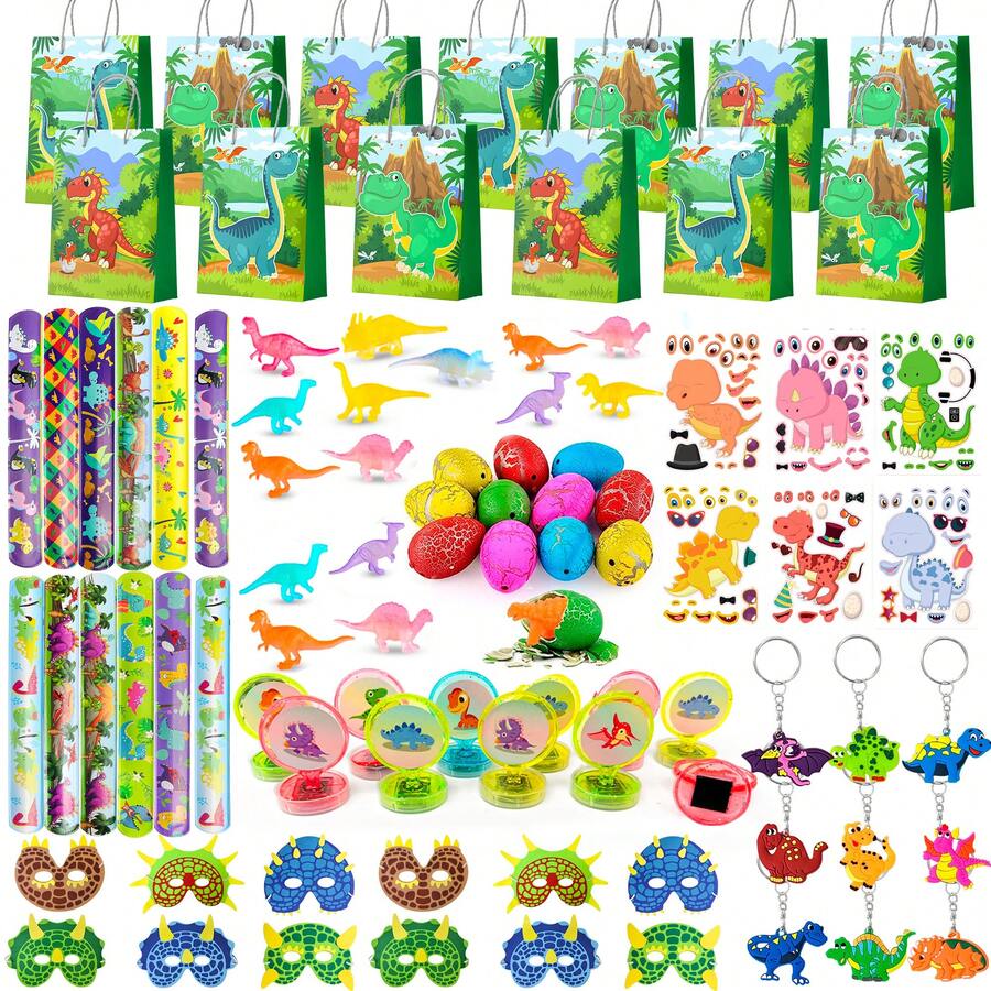 96pcs Dinosaur Party Favors For Kids,Dinosaur Birthday Party Favors Set - Dino Party Favor Bags Keychains Stampers Stickers Toys Clap Bracelets Etc Dinosaur Birthday Party Supplies Or Kids Birthday Gifts