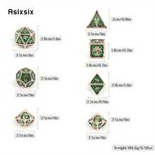 Asixsix 7颗绿色金色骷髅金属骰子，实心金属多面骰子套装，适用于角色扮演游戏、桌游和卡牌游戏 - 綠色 - 查看 2