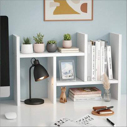 White Adjustable Wooden Desktop Storage Rack - Multifunctional Trapezoidal Bookshelf Multiple Placement Options, Flexible And Versatile Ideal For Office, Study, And Desktop Organization Efficient Desk Accessories For Office And Study Space Organization