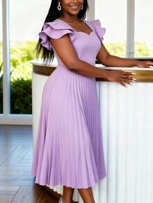AOMEI Women's Elegant Purple Pleated A-Line Dress, Heart-Shaped Neckline, Layered Ruffle Sleeves, Mid-Length, Suitable For Wedding Guests, Parties, And Formal Events - Lilac Purple - View 5