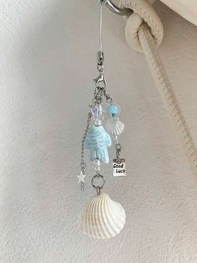 1pc Blue Ocean Shell Starphone Charm - Handmade Beaded Mobile Phone Chain For Hanging On The Phone, Camera Anti-Loss Chain For Travel, Bag Accent, Keychain, Apple A IrPods Pro Bluetooth Earphone Case Hanging Chain, Holiday Gift For Women