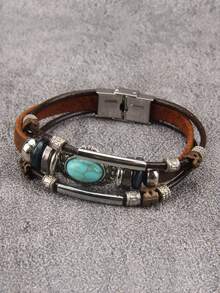 1件时尚绿松石串珠手链，多层皮革情侣手链，派对和节日礼物配饰 - 松石 - 查看 6