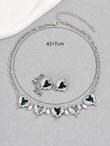 2pcs/Set Minimalist Asymmetrical Blue Heart Earrings & Necklace Set, Korean Stylish Personalized Jewelry - Multicolor - View 4