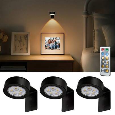 1/3/6个展示灯，LED橱柜灯，3色可调带定时器家居装饰圆盘灯，遥控器+按压式灯罩双控，适用于办公室衣柜展示柜走廊楼梯艺术装饰（遥控器含电池；产品不含电池）