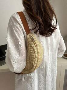 女士草编腰包，可调节肩带，波西米亚风格，适合夏季海滩、度假和日常使用，母亲节礼物，旅行必备单品 - 彩色 - 查看 7