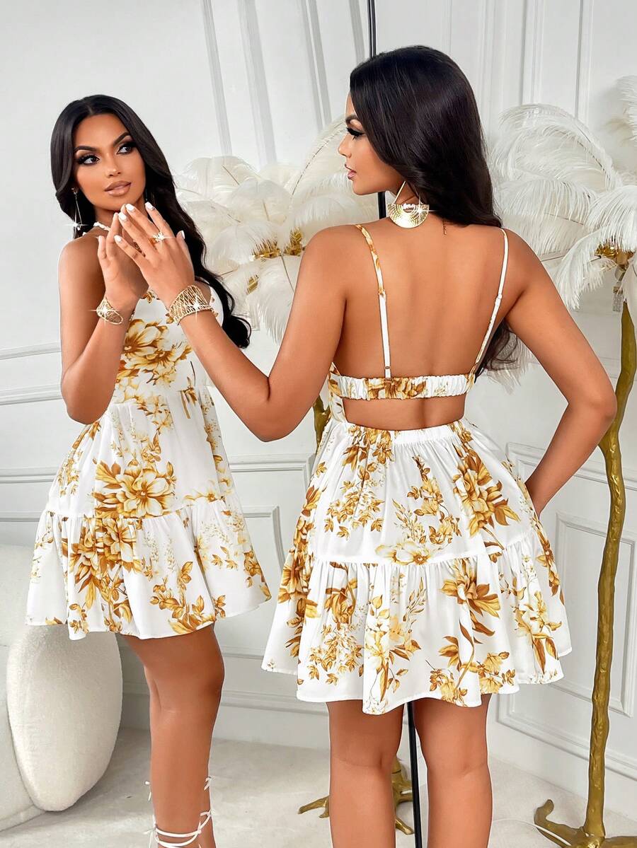 AIJ Sexy Vacation Women's Floral Print Camisole Dress With Layered Ruffled Hem - White Yellow - View 1
