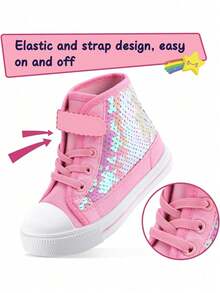 High Top Kids Sneakers Breathable Non Slip Glitter Canvas Shoes Cute Hook Loop Walking Casual Shoes For Toddler Boys And Girls Everyday Wear - Kim sa màu hồng - Xem 7
