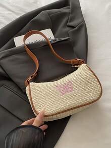 Summer Classic Straw Underarm Bag, New Casual Commute One Shoulder Crossbody Square Bag With Bow Embroidery Woven Design For Women - Beige - View 8
