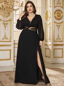 SUPGIR Deep V-Neck Long Sleeve Waist Hollow-Out Luxury Pearl Embroidery Patchwork Black Elegant Evening Gown - Black - View 4