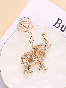 1pc Rhinestone Creative Cartoon Elephant Keychain, Cute Bag Charm Car Key Ring For Women - Gold - View 3