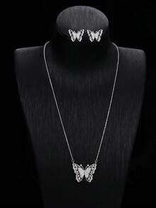 Bộ 2 món trang sức hình bướm đính đá Cubic Zirconia tổng hợp cao cấp, sang trọng, thanh lịch, đa năng, thích hợp cho nữ giới đeo hàng ngày và làm quà tặng. - Bộ vòng cổ và hoa tai - Xem 9