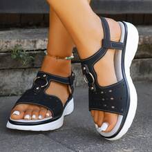 女士厚底坡跟凉鞋，金属环镂空透气休闲夏季沙滩鞋 - 黑色 - 查看 3