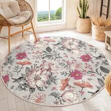 Floral Vintage Cream Round Rug -Victorian Botanic Circle Mat-Elegant Flower Circle Rug-Pink Floral Washable Round Carpet-Boho Chic Round Mat - 1PC - View 5
