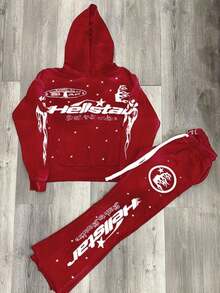 Mens 2 Piece Outfits,Men's Fashion Hooded Flared Pants Set, Sporty Couple Hooded Sweatshirt - LMST1HY02T** - 查看 2