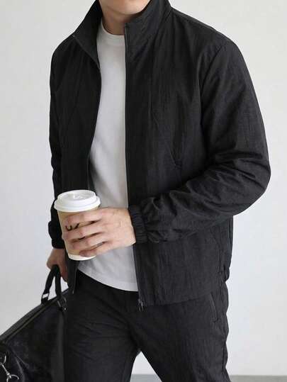 1pc Blueprint Men's Black Crinkle Texture Stand Collar Jacket, Mesh Lining, Lightweight Durable Wrinkle-Resistant Machine Washable, Urban Minimalist Vintage Style Casual Outerwear, Suitable For Commuting, Light Outdoor, Casual Street Wear