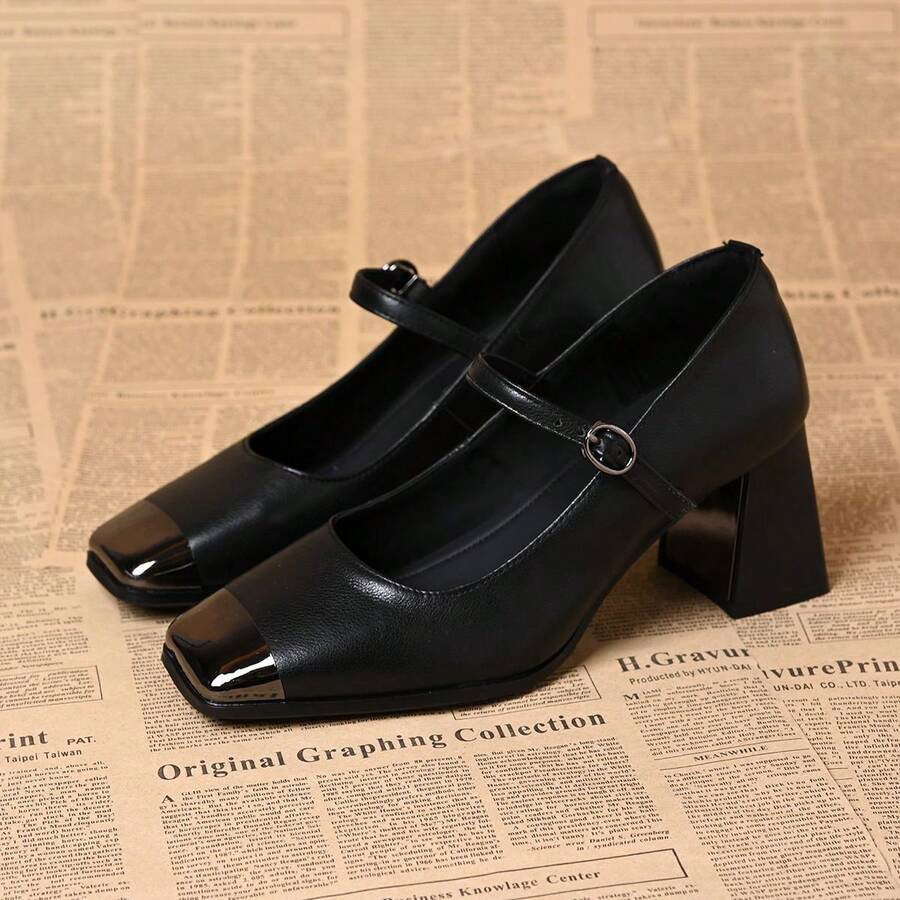 2026 Spring New Thick Heel Square Toe Slip-On Pumps, Suitable For Dresses, Elegant Women Shoes - Black - View 1