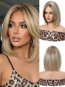 12 Inch Short Straight Wig, Blonde Top With Black Roots, Suitable For Daily Makeup And Parties, Heat Resistant Synthetic Fiber Material - Gold - View 3