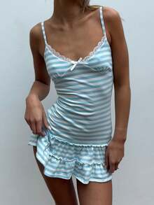 Women's Cute Spaghetti Strap Short Dress Lace Trim Tiered Ruffle Hem Mini Dress Summer Going Out Outfits Cozy Daily Wear - Màu xanh lam - Xem 4