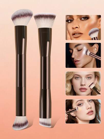 SEPROFE 两支双头化妆刷，包括斜角轮廓刷和平头粉底刷，柔软刷毛贴合面部轮廓，打造无痕妆容，优质金属手柄