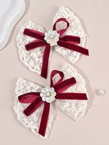 2pcs White Lace Hair Clips, Faux Pearl Hair Pins, Suitable For Girls, Wedding, Theme Party Gifts - Multicolor - View 2