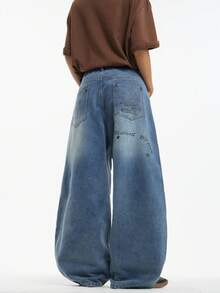 1件 Justice Brother 复古个性化设计印花男士蓝色牛仔裤，休闲宽松阔腿裤，品牌（不含腰带/配饰） - 藍色 - 查看 2