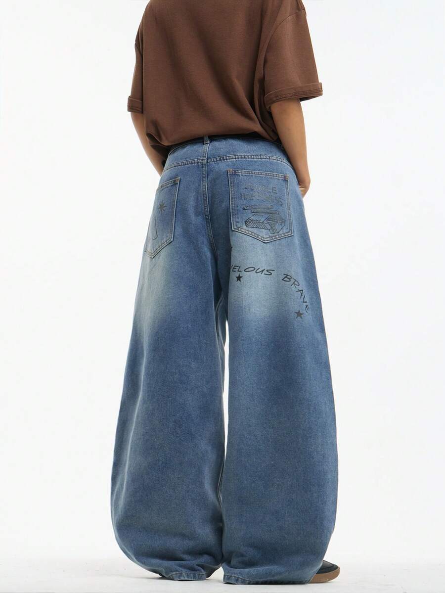 1 pieza Pantalones vaqueros azules de hombre con diseño personalizado de estilo retro de Justice Brother, pantalones casuales sueltos de pierna ancha, marca (sin cinturón/accesorios) - Azul - Ver 1