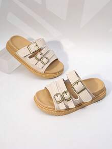 1双女童米色三扣防滑拖鞋，适合日常休闲穿着 - 香檳色 - 查看 7