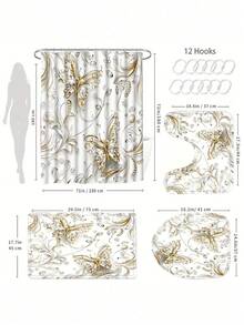 1件/4件套优雅蝴蝶图案浴帘套装，含12个挂钩，防水涤纶面料，可水洗浴垫，防滑地毯，时尚浴室配件，仅限干洗 - A - 查看 4