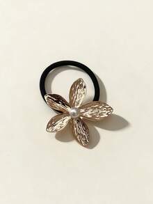 1pc Elegant Metal Pearl Flower Hair Scrunchie, High Elasticity Ponytail Holder For Daily Use All Year Round - Multicolor - View 12