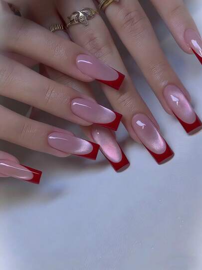 Add A Touch Of Romance With 24pcs Medium Square Press On Nails Elegant Cat Eye Red French Style Handmade Full Coverage Fake Nail Tips For Women And Girls Includes 1sheet Adhesive Tabs & 1pc Mini File Suitable For Party Office Daily Wear False Nails Jelly Glue Is Randomly Shipped