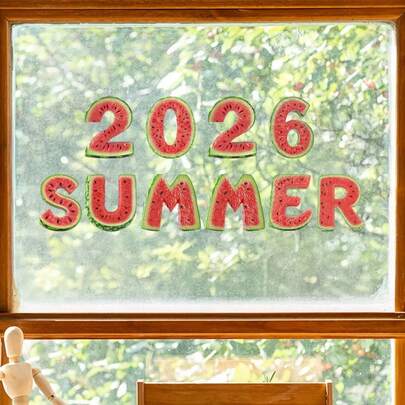 1 pieza Pegatinas de ventana con temática de verano que presentan un diseño de patrón de texto de verano 2026, con diseño de patrón de sandía, pegatinas de PVC autoadhesivas y removibles, para decoración del hogar en salas de estar, dormitorios, decoración de paredes de ventanas, de un solo uso
