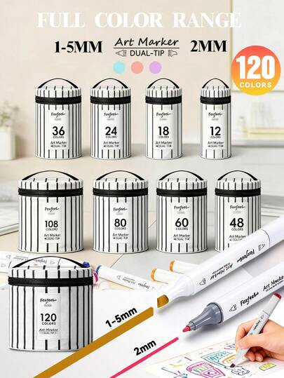 Bộ bút dạ tam giác 12-120 màu, đựng trong túi vải, bút màu nước gốc dầu, thiết kế hoạt hình vẽ tay, cọ vẽ chống thấm nước dành cho học sinh, vật dụng cần thiết cho năm học mới.
