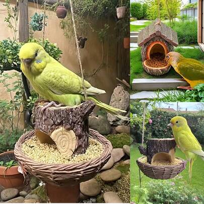 悬挂式藤编喂鸟器，有房屋和树桩两种造型可选，树脂材质，适合户外花园使用。它们可以作为鸟巢吸引鸟类，也是完美的户外花园装饰品。