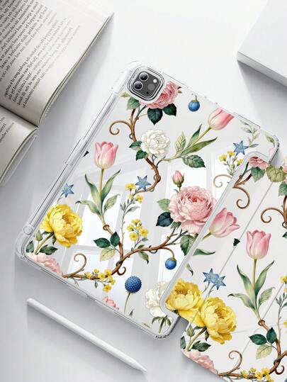 精致可爱的卡通花卉图案双面亚克力透明水晶后盖，防震，适用于 iPad 第 7、8、10 代（10.2 英寸），内置笔槽，支持睡眠/唤醒功能，是理想的礼物之选。