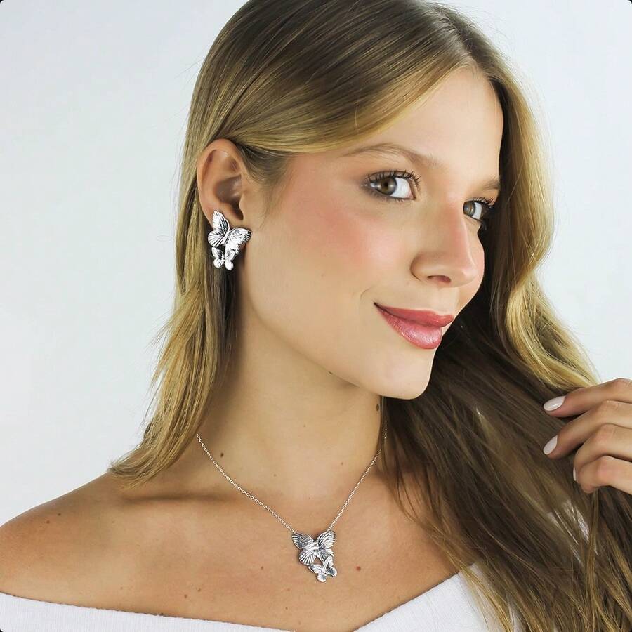Women's Costume Jewelry Set With Gold Plated Earrings And Delicate Double Butterfly Pendant Chain - 銀 - 查看 1