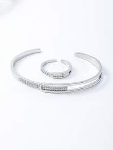 Bộ vòng tay và nhẫn rỗng kiểu INS đính đá Zirconia, trang sức kim cương khảm siêu nhỏ tinh tế, phụ kiện thanh lịch. - Bạc - Xem 6