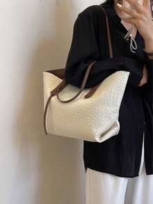 Dedoo Women's Multifunctional Solid Color Woven Pattern PU Leather Handbag, Minimalist Large Capacity Top Handle Shoulder Tote Bag, Casual Lightweight Commuter Tote Suitable For Daily Office, Fashionable Waterproof Square Outdoor Travel Shopping Handbag - White - View 4
