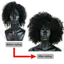 女士非裔蓬松卷发假发 - 自然黑色合成纤维，蓬松有弹性，短款波波头假发，带空气刘海，适合日常佩戴、度假、摇滚迪斯科舞者角色扮演或服装派对，耐热纤维，易于打理，用途广泛，均码，适合大多数人 - 彩色 - 查看 9