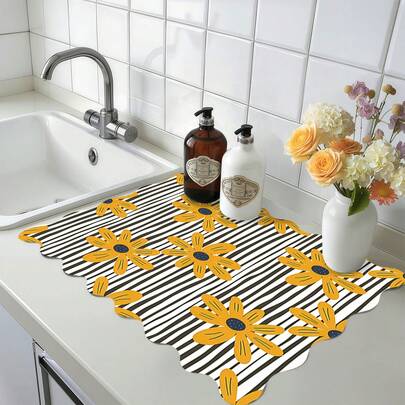1pc Striped Yellow Flower Lace Pattern Multipurpose Drying Mat, Polyester Absorbent Countertop Protector Mat, Suitable For Kitchen, Dining Table Decor, Dish Drying, Washing Machine, Coffee Maker, Bathroom Vanity, Kitchen Accessories, Party Supplies