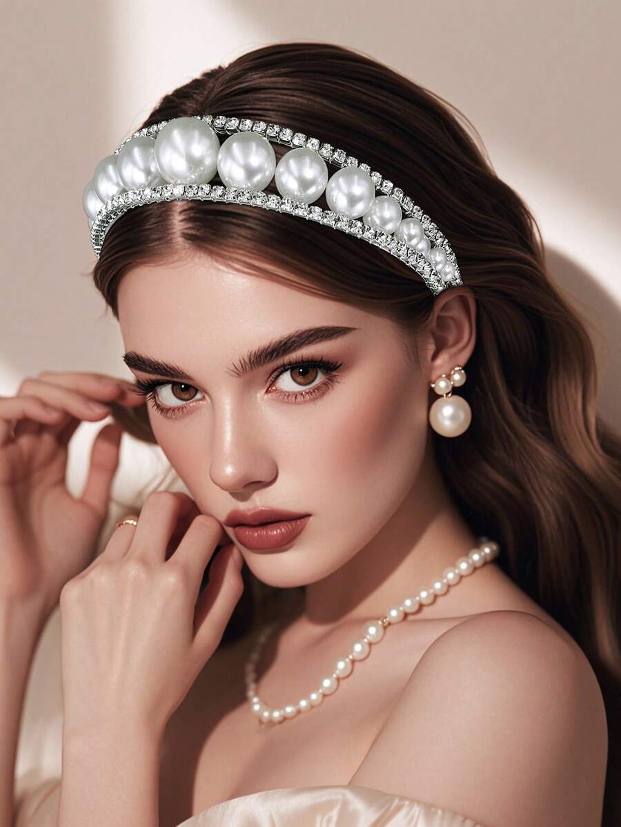 1 buah Bando Mewah Berhiaskan Mutiara & Berlian Imitasi, Aksesori Rambut Pengantin Elegan Cocok untuk Pernikahan, Pesta, Perjamuan, Bando Rambut, Musim Panas, Liburan, Perjalanan