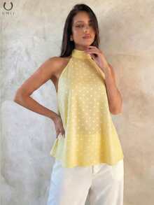 UMII Women's Valentine's Day Yellow Polka Dot Camisole, High Neck A-Line Chiffon Double Layer Sleeveless Top, Retro Collegiate Casual Date Blouse Summer - Yellow - View 4