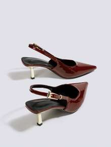 Women's Burgundy Patent Leather High Heel Sandals, Open Toe Party High Heels, Wedding Pumps, Kitten Heel Formal Shoes, Backless Ankle Strap Pointed Toe Slingback High Heels - Burgundy - View 5
