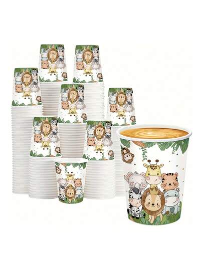 20个绿色欧洲桦木纸杯，丛林动物图案纸杯，野生动物主题派对纸杯，丛林主题派对餐具，一次性纸杯，适用于冷热饮，生日婚礼派对用品，周年纪念装饰