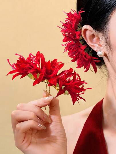 1件新款“永恒浪漫”森林风绯红蓝波斯菊发夹，百搭复古优雅发簪，适合春夏度假、摄影和婚礼发饰