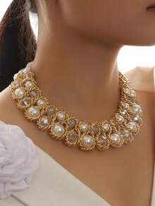 1pc Fashion Crystal & Pearl Double-Strand Necklace, Women's Necklace, Women's Jewelry, Pearl Necklace, Western Jewelry, Choker, Women's Choker Necklace, Women's Necklace, Women's Jewelry Set, Chunky Jewelry, Bohemian Style Jewelry, Summer Jewelry - Two Rows Of Crystal Pearls - View 10