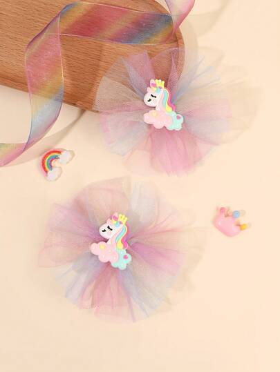 2pcs Colorful Mesh Hair Clips For Girls Cute Unicorn Decor Hair Clips Delicate Wedding Alligator Clips Cute Funny Barrettes Daily Music Festival Party Gift Hairpins Teens Hair Accessories