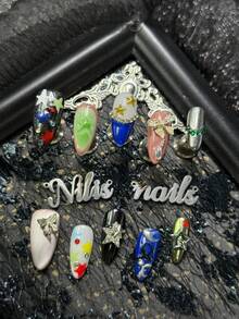 10pcs Almonds Nail Acrylic Kit, Black, Pink, Blue And Other Colors Of Nails, Blue French Nails, Silver Cat Eyes, Hand-Painted White, Green, Red And Other Colors Of Pentagram Patterns&Asymmetrical Black Lines And Geometric Patterns, 3D Metal Starfish&Metal Bow&Metal Butterfly&Hollow Pentagram Green Rhinestones And Other Nail Accessories - Multicolor - View 2